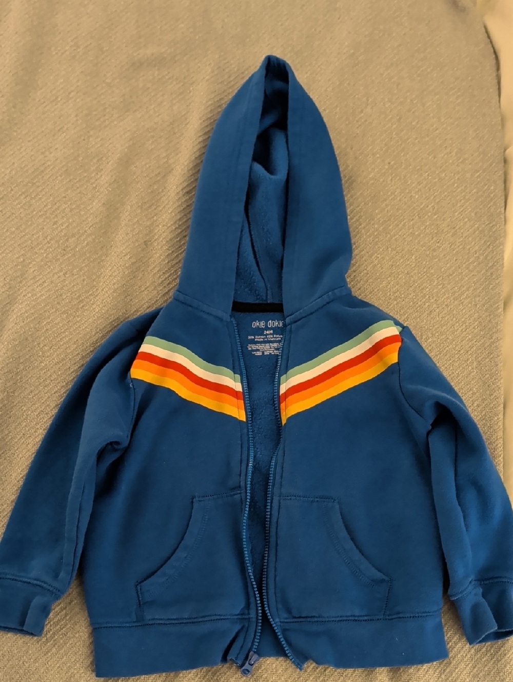 okie dokie Blue Hoodie with Rainbow Stripe